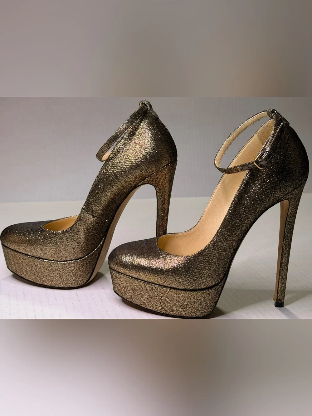 Jimmy Choo Klerise 150 Bronze Metallic Platform Ankle Strap Pumps EU 38 Italy
